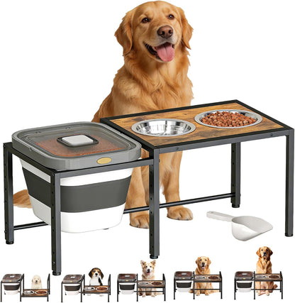 Elevated Dog Bowls with Storage Container ，Raised Dog Bowls for Large Dogs，15-18 lb Airtight Dog Food Storage Container, Adjustable Height Feeding Station