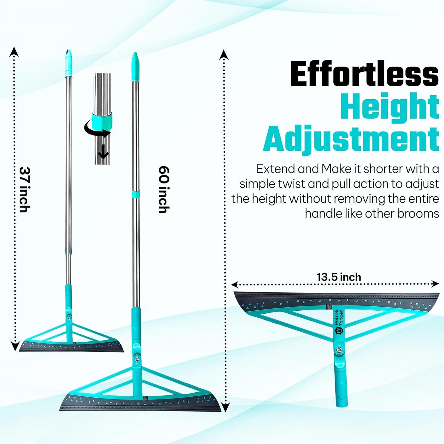 Magic Broom Squeegee Dog Pet Hair Remover, Rotatable, Extendable - Silicone Broom Pet Hair Remover for All-Surfaces Hardwood Floors, Carpet, Tile, Glass, Liquid-Dirt with 60" Handle