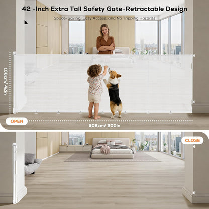 Retractable Baby Gate for Stairs, 42" Tall X 200" Wide Mesh Dog Gate Indoor, Child Gate for Doorways, Hallways, Deck, Indoor Outdoor Pet Baby Safety Essentials for Home, Black