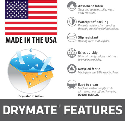Drymate Pet Bowl Placemat, Dog & Cat Food Feeding Mat - Absorbent Fabric, Waterproof Backing, Slip-Resistant - Machine Washable/Durable (USA Made) (12” x 20”) (Indigo)