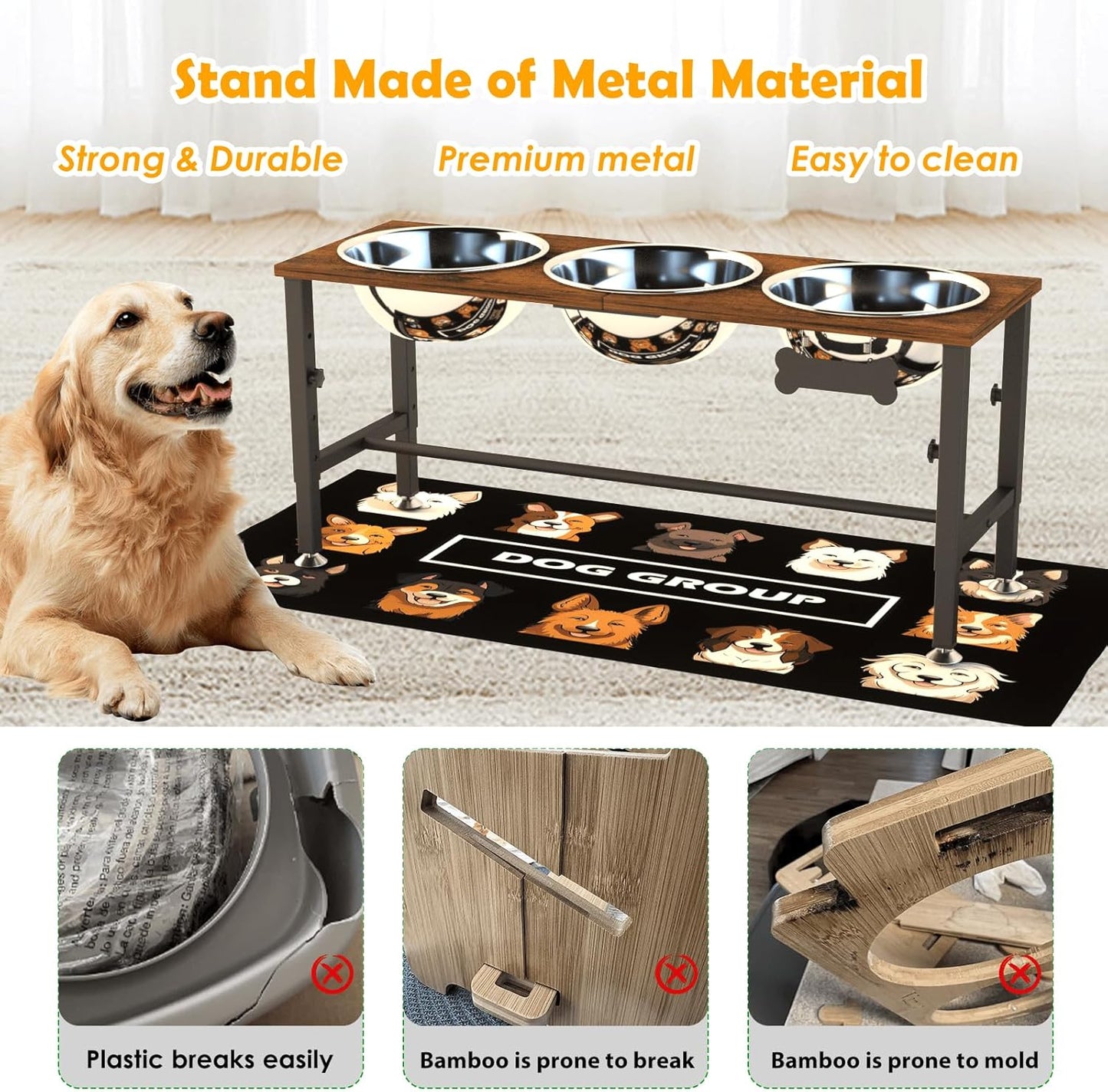 ADENGL Metal Raised Dog Bowl, 10" Tall Elevate Dog Feeder Stand with 2 Stainless Steel 42oz Bowls & 16x24 Non-Slip Mat – Stronger Dogs Food & Water Bowl Stand (Black)