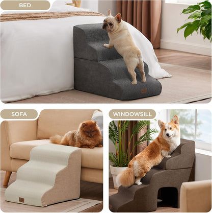 Joydeco Dog Stairs for Bed 17.1" H, 3-Step Pet Steps for Small Dogs and Cats, Dog Steps for High Bed, Non-Slip Balanced Ramp Indoor Pet Stairs, Beige
