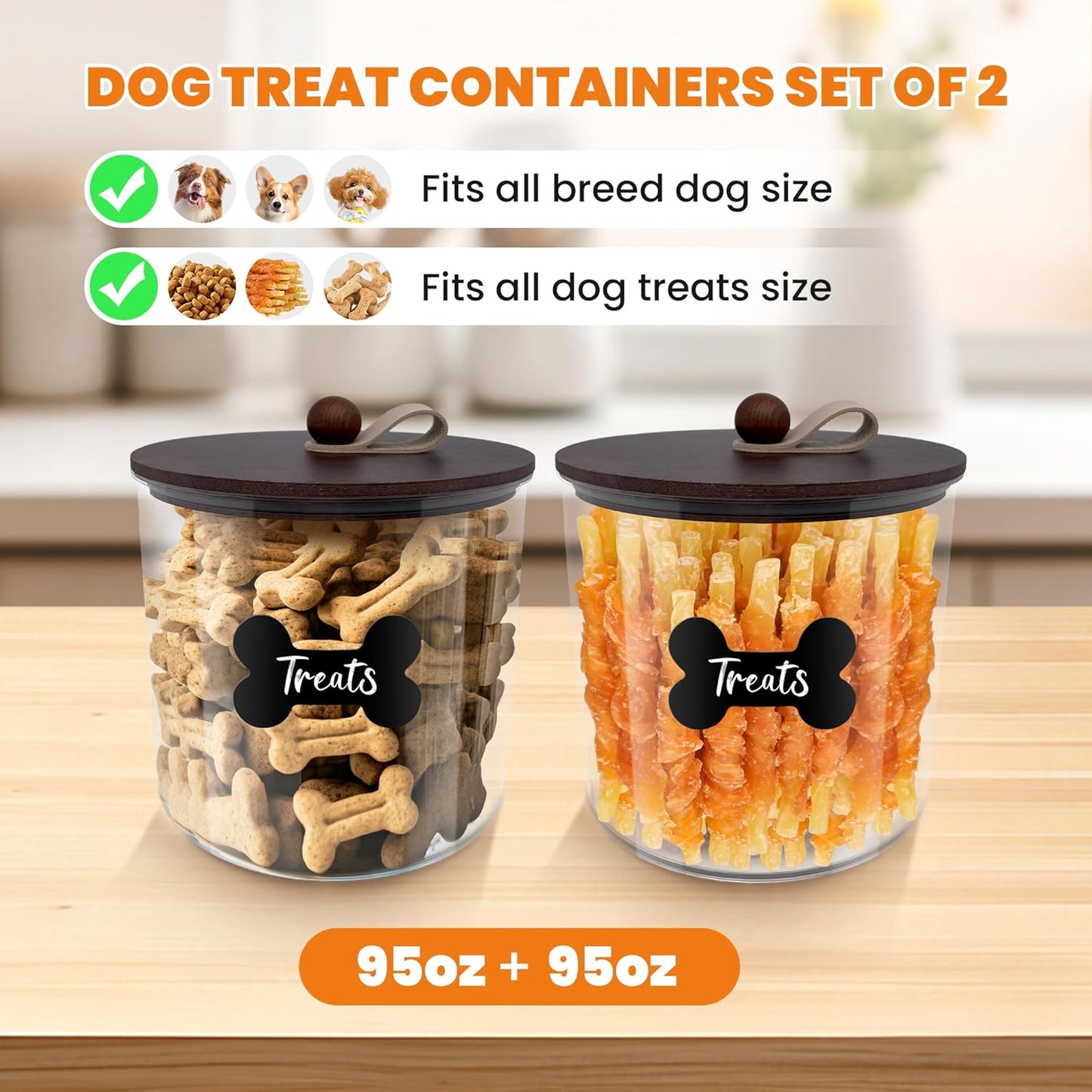 HOYTAMDAR 3 Pack Airtight Dog Food Storage Container, Dog Treat Container Dog Food Container with Wood Lids 8x7''&6x5'',Pet Food Storage Container,Cat Food Containers with Scoops,Clamp,Labels,Pens