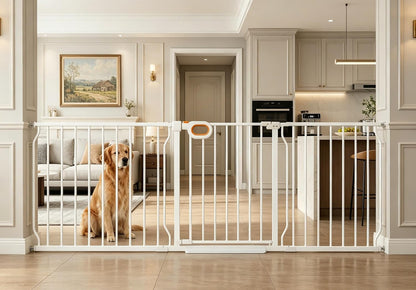 Baby Gates Extra Wide for Large Opennings with Door Pressure Mounted 90.6-95.2 Inch Extra Wide Baby Gate Dog gate for Doorways Indoor Metal Gate No Drilling with Walk-Through Door,White