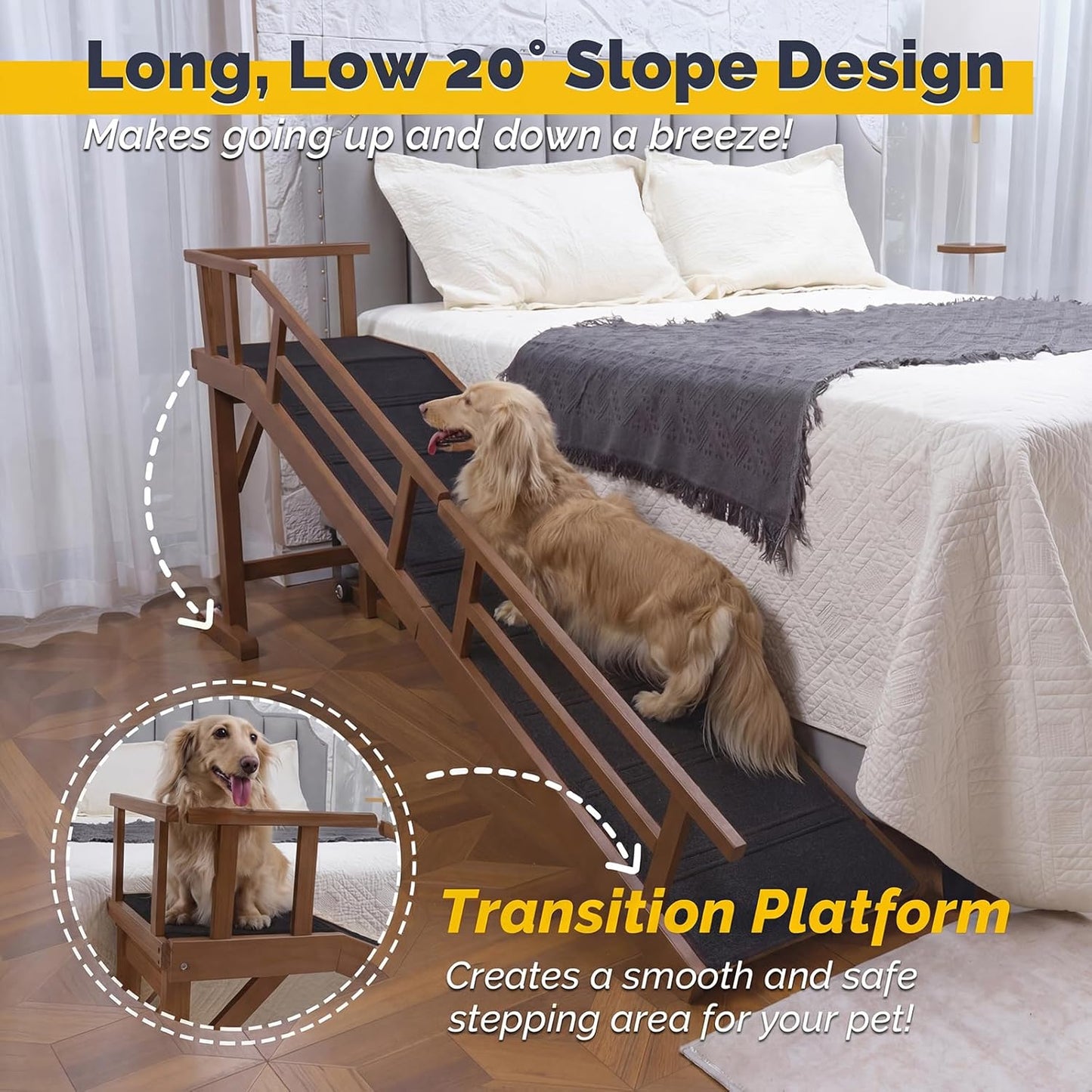 Dog Ramp for Bed or Couch, Wooden Pet Ramp with 20° Gentle Slope, Removable Side Rails, Non-Slip Surface, Top Platform & Wheels, Safe Bed Ramp for Small, Large & Senior Dogs, 60" Long, Mahogany