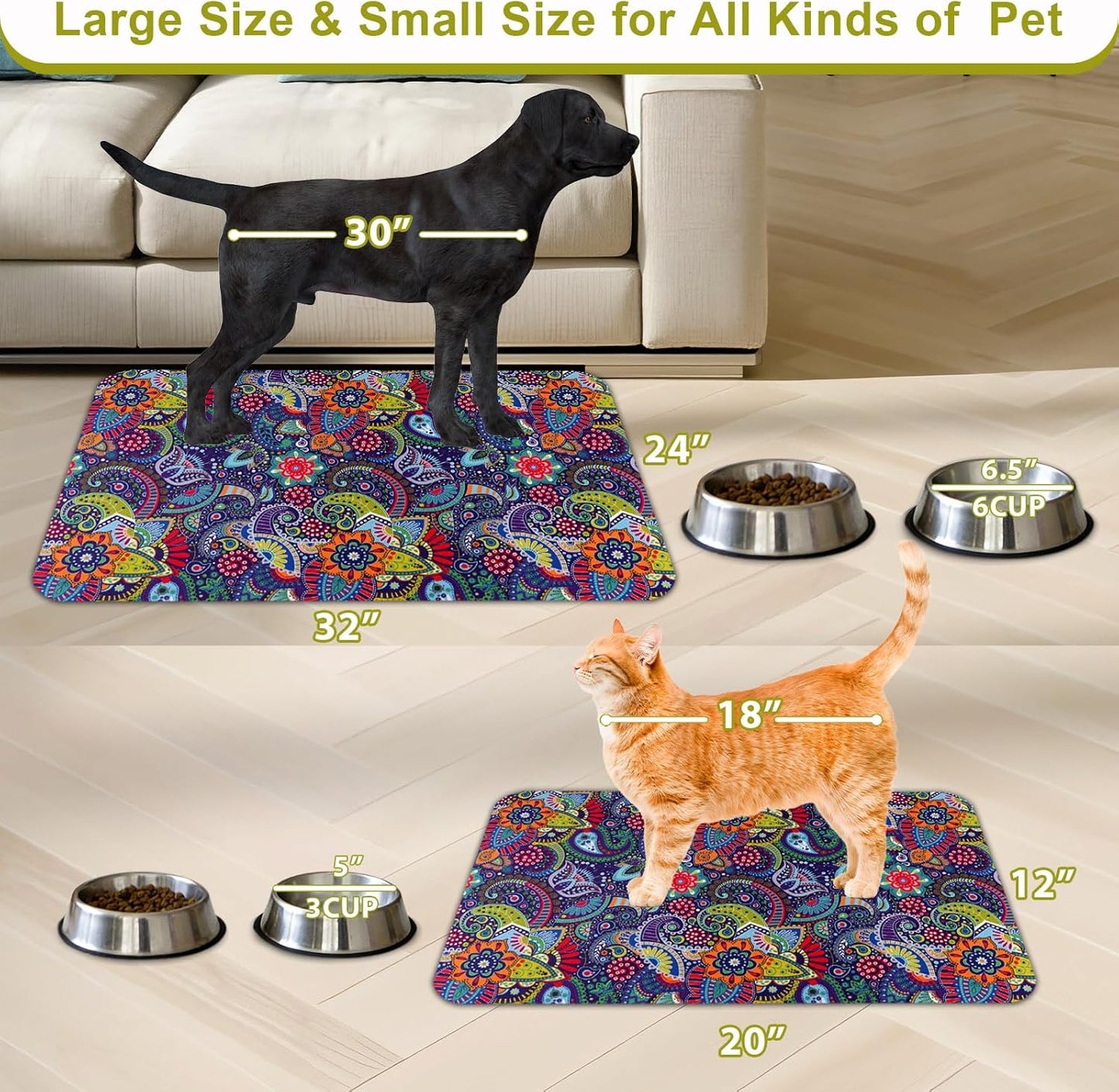 Dog Food Mats for Floors Waterproof Mat for Cat Food and Water Bowls - Absorbent Quick Dry Non Slip Mat for Pet Feeding