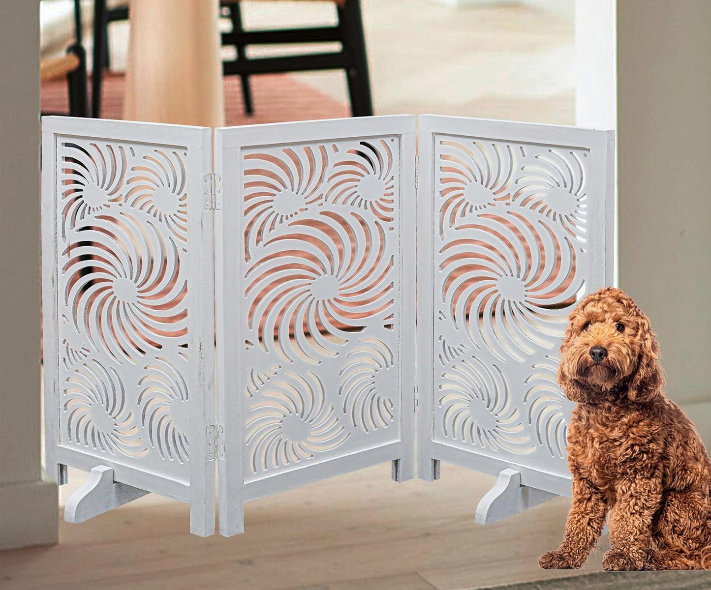 Freestanding Pet Gate for Dogs, Foldable Wooden Dog Gate for House, Indoor Dog Gate for Stair, Doorway, House Design Gates for Dogs Indoor, 72 Inch Wide, (18" x4 Panels 72 inch), Burnt Finish