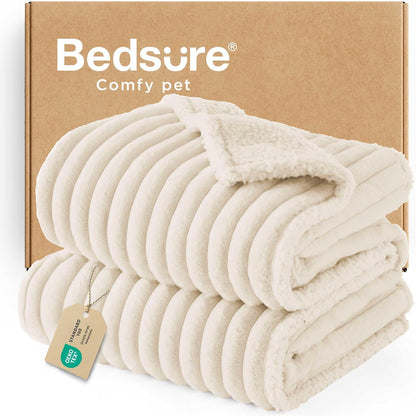 Bedsure ComfyFleece™ Waterproof Dog Blankets for Large Dogs - Soft Pet Cat Blanket Corduroy Fleece for Couch Bed Protector Washable, Cozy Calming Reversible Furniture Protection,50"x60", Cream