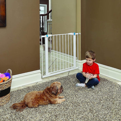 MidWest Homes for Pets 39 Inches Tall Walk-Though Steel Pet Gate, Pressure Mounted Dog Gatewith Glow Strip Measures 29-38 Inches Wide & Includes Two 3-Inch-Wide Extensions, Graphite