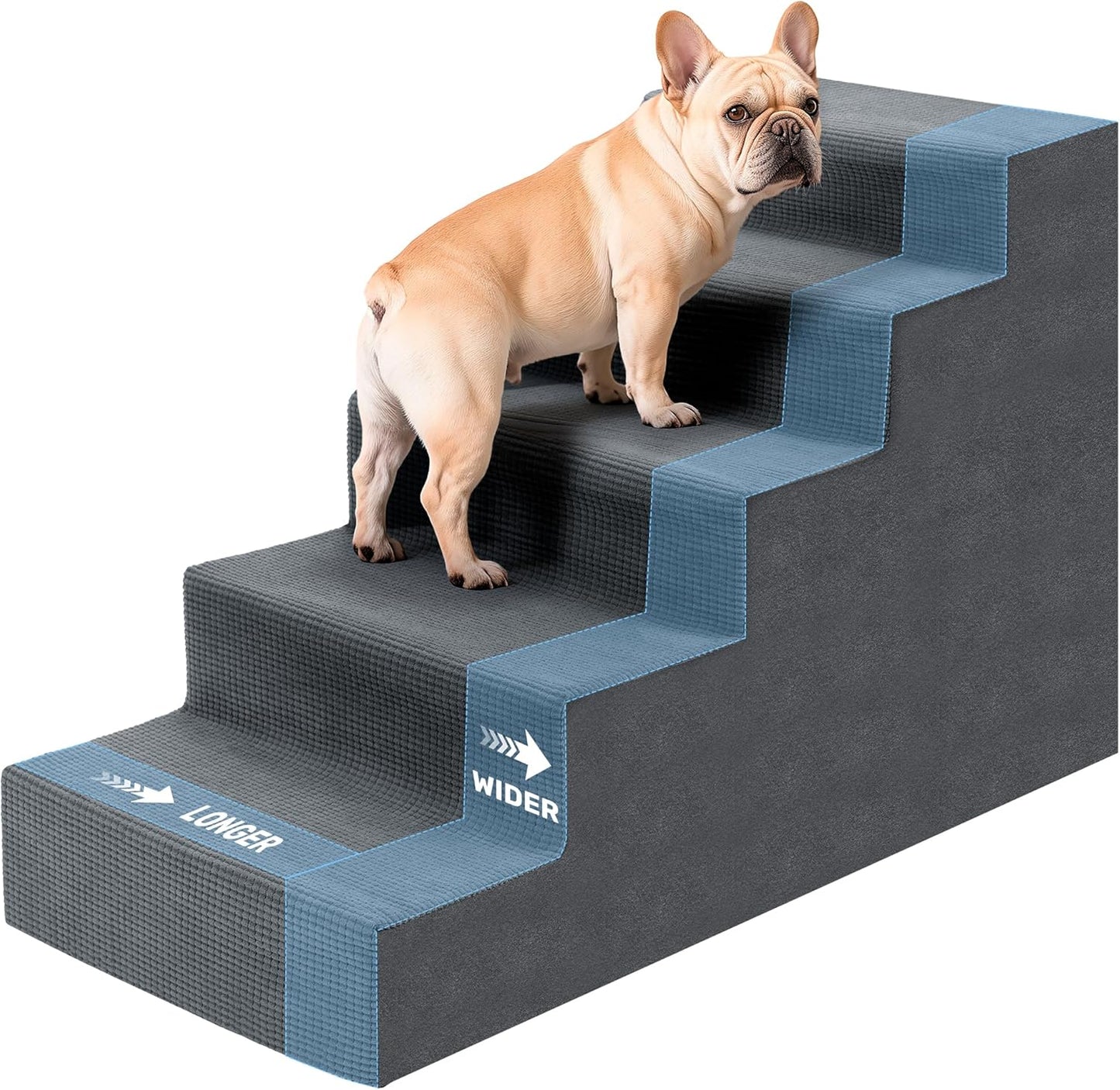 Dog Stairs for Bed, Extra Wide 5-Step Dog Steps for High Bed, High-Density Foam Pet Stairs with Non-Slip Removable Washable Cover for Small Pets, 23" H, Navy