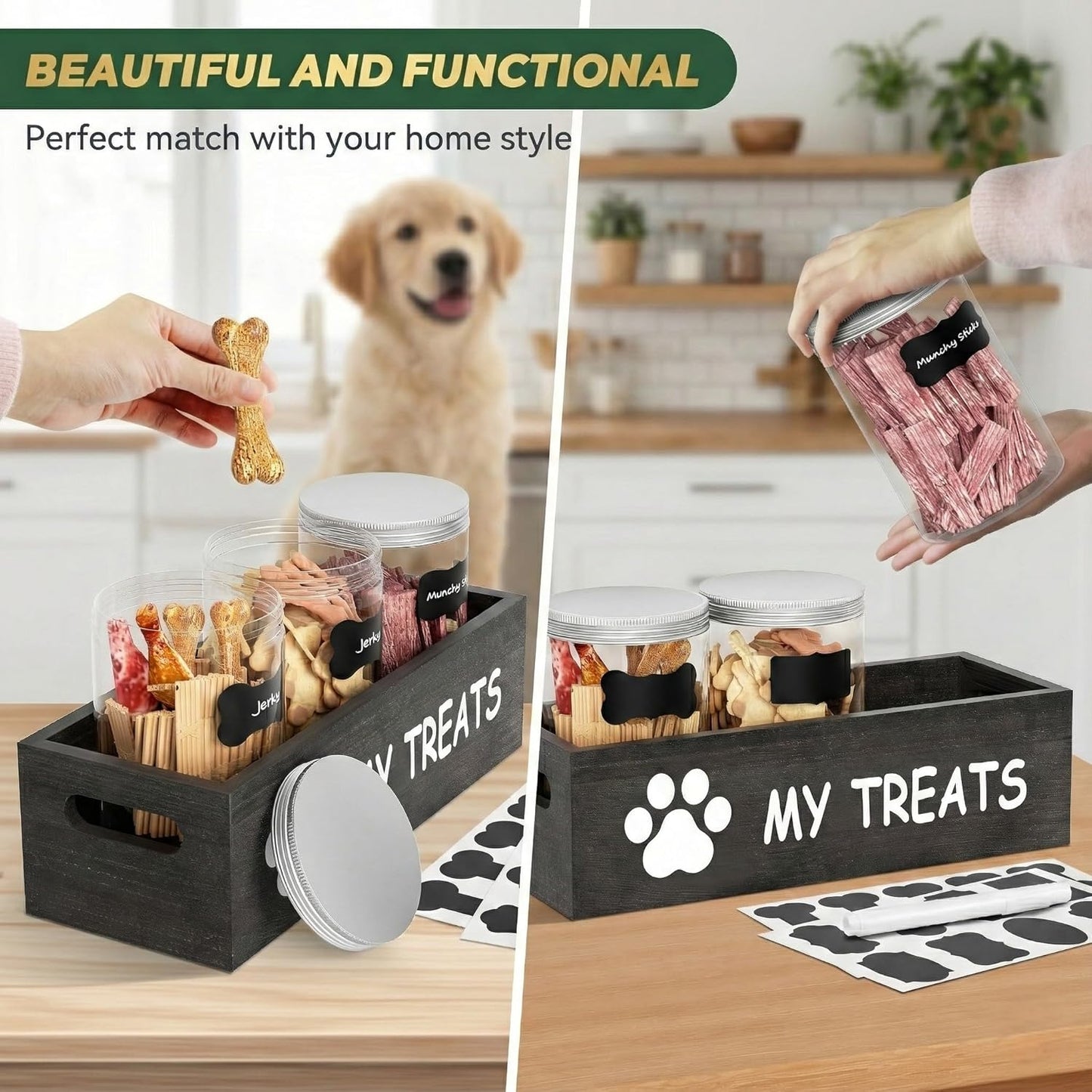 qeerable Dog Treat Container Airtight Storage Jars Set of 3 - Clear Plastic Pet Treat Canister with Lids - Dog Food Container for Countertop Organization (grey)