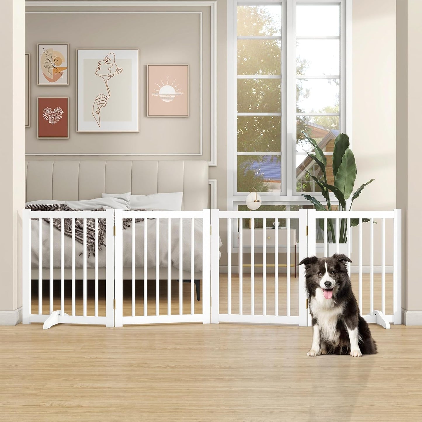 36" H Freestanding Dog Gate, Solid Wood Foldable Pet Gate with Support Feet, Wooden Tall Dog Gate for Doorway, Stairs & Indoor Use, 60" Wide Expandable Pet Fence, 3 Panels, Walnut