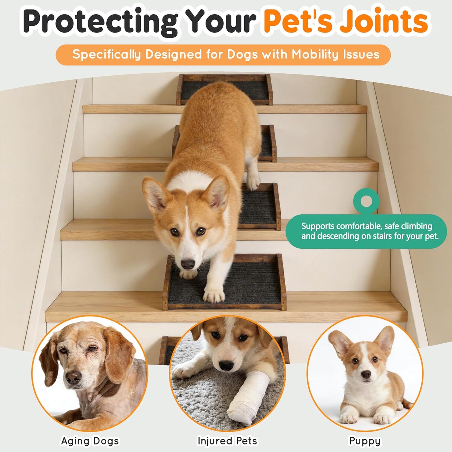 Megidok 2Pcs Low-Angled Wooden Dog Ramp for Stairs, Anti-Slip Carpet Surface Pet Steps, Sturdy Indoor Pet Stairs Ramp for Small Dogs & Cats, Assist for Injured Aged Pets Fits Staircase Steps