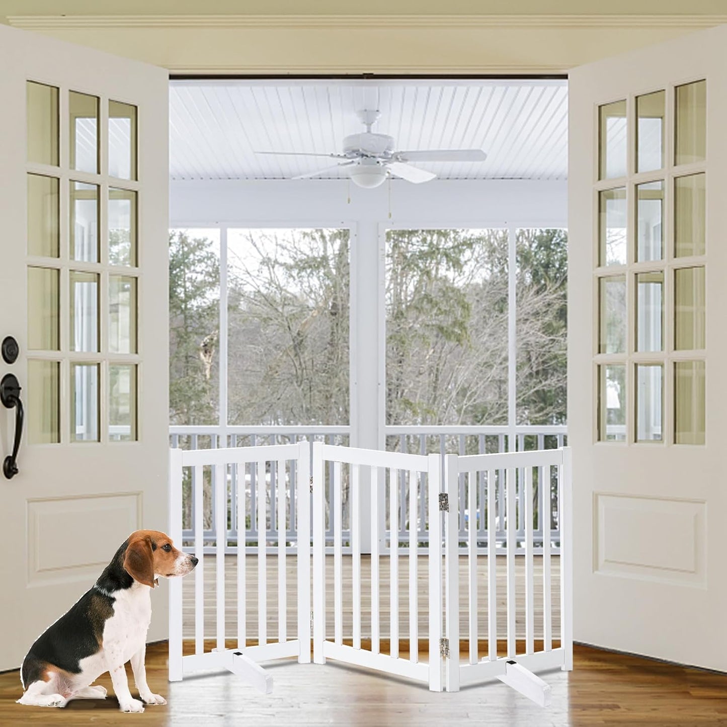 LZRS 2-Panel Wooden Free Standing Foldable Dog Gate Indoor – Solid Hardwood 24" High, Step-Over Safety Pet Gate for Doorways, Stairs & Small Spaces - Indoor Use, White