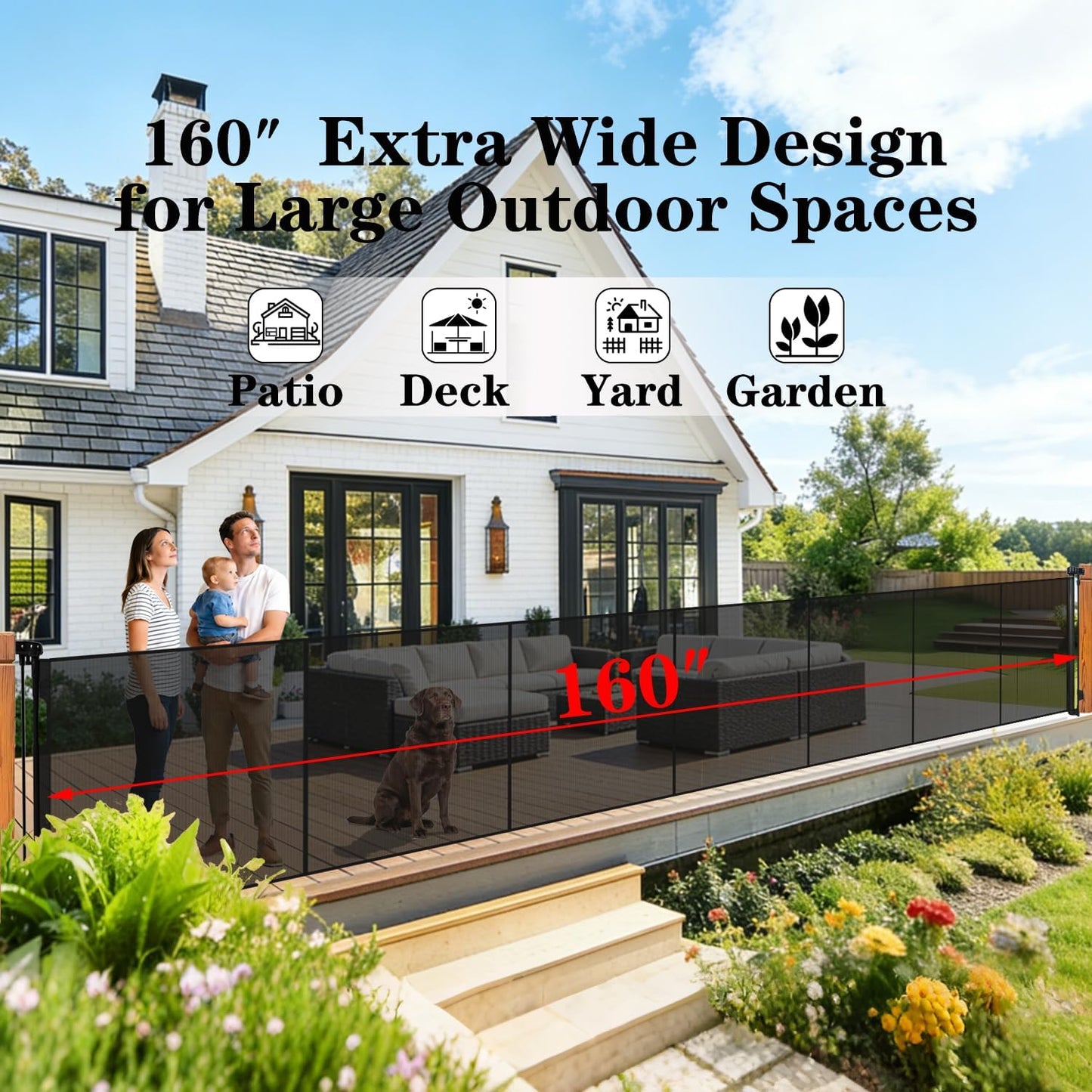 240'' Extra Wide Retractable Baby Gates for Large Opening, 42" Tall Retractable Dog Pet Gate with Support Rods, Long Mesh Screen Child Safety Gate for Garage Doorways Deck Stairs Yard Outdoor Indoor