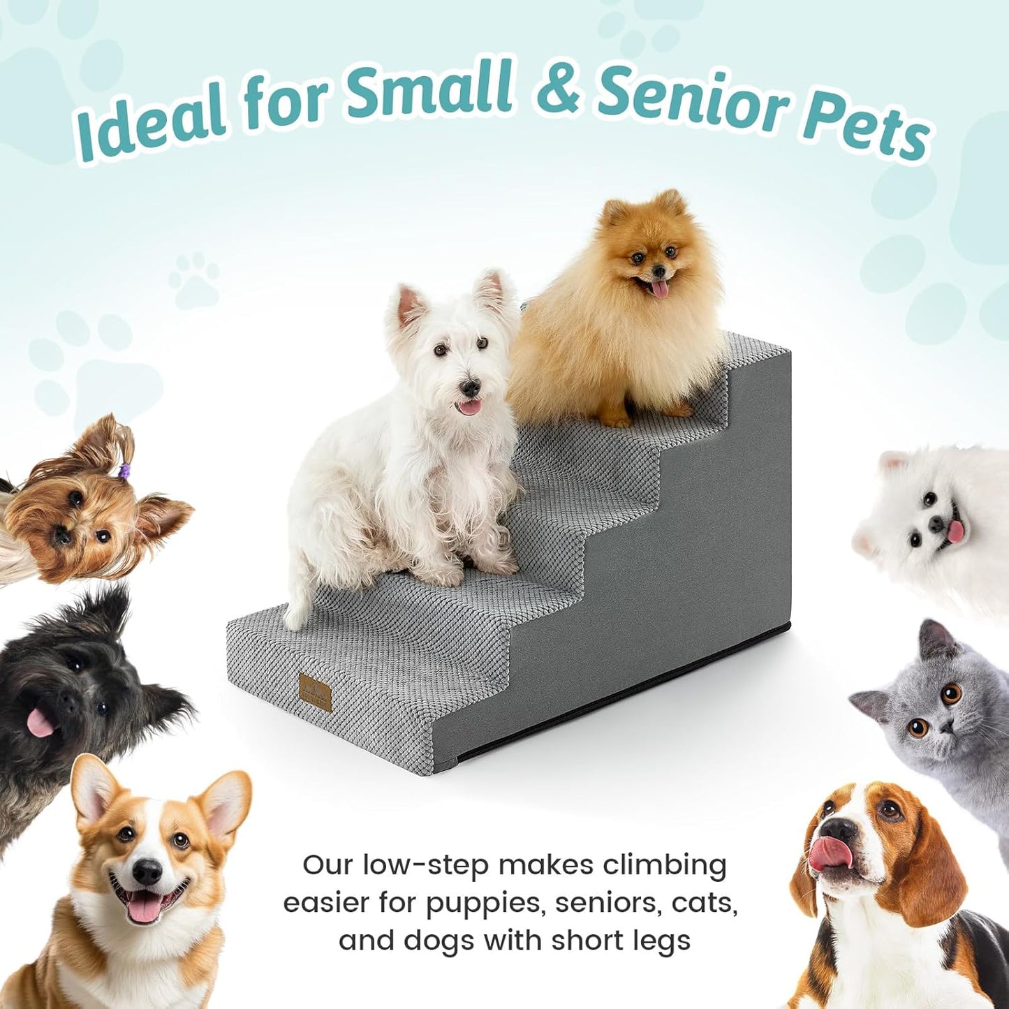 COZY KISS Dog Stairs for Small Dogs, 4 Tier Wider Pet Stairs for Couch and Beds, 17.7" H Non-Slip Dog Steps for Old Cats, Puppy, Small Medium Dogs, 17.7x23.6x17.7 inch, Beige