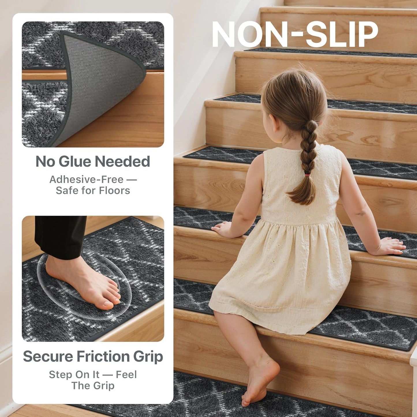 sarben Non Slip Stair Treads for Wooden Steps 15PCS - 8"x30" Indoor Safety Carpet, Edging Mats with TPE Adhesive Backing, Pet and Elderly Friendly Stair Rugs (Taupe) - Colors B
