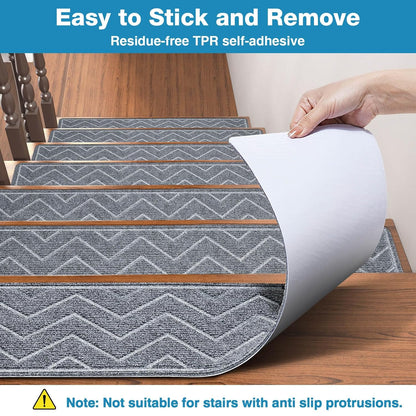 DK177 Stair Treads for Wooden Steps, 15 Pack 8"x30" Non-Slip Indoor Carpet Stair Treads with Reusable Polyester TPE Backing for Kids Elders and Pets (Dark Gray, 15PCS)