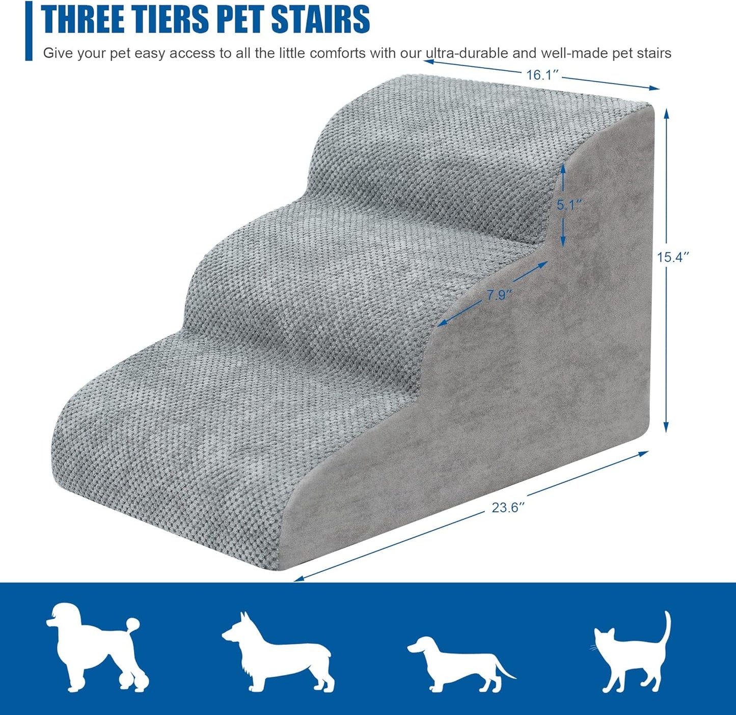 Dog Stairs for Small Dogs - High Density Foam Dog Ramp, Extra Wide Pet Steps with Non-Slip Bottom for High Beds, Couche and Sofa, Best for Pet Injured, Older Dogs Cats (Grey, 4 Steps)