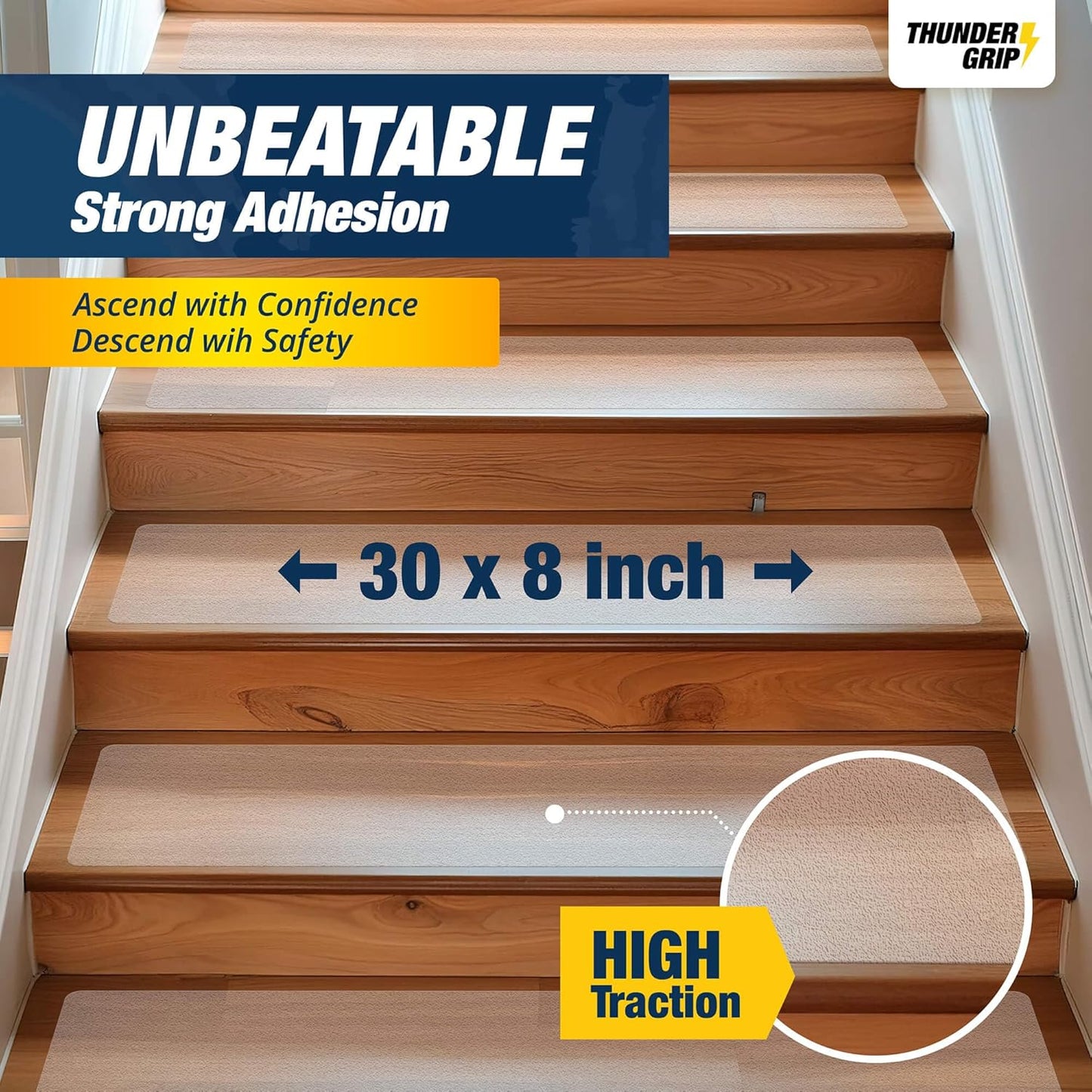 Clear Stair Treads Non-Slip 24"x4" - 18-Pack Indoor Stair Grips Non Slip for Wooden Steps - Anti Slip Adhesive Strips for Dogs & Elderly - Staircase Step Treads - Transparent Treads for Wood Stairs