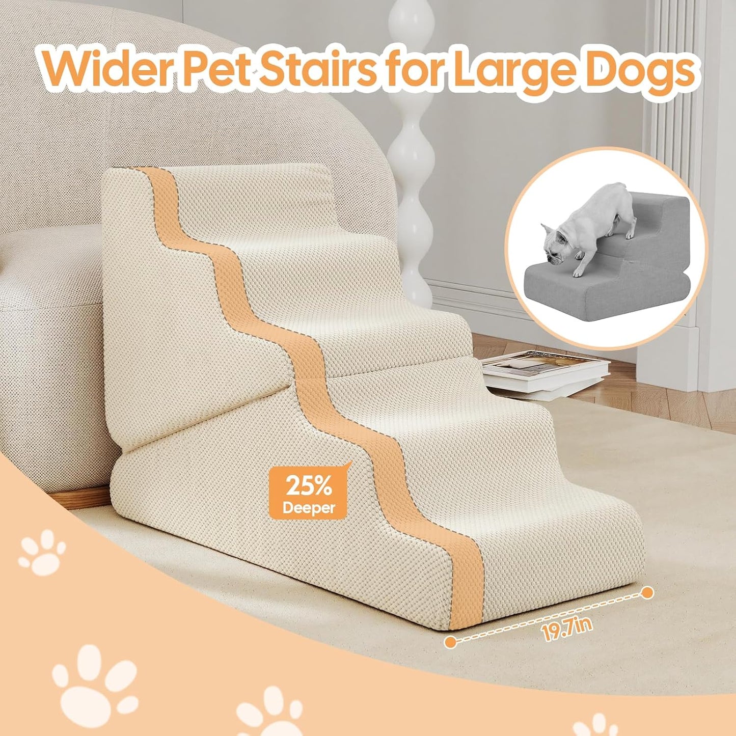 Dog Ramp for Bed, 23" H Dog Stairs for High Bed, 2 in 1 Pet Steps for Small Dogs, 5-Step Foldable Transformable Large Cats Ramp to Get on Couch, Non-Slip Balanced, Grey