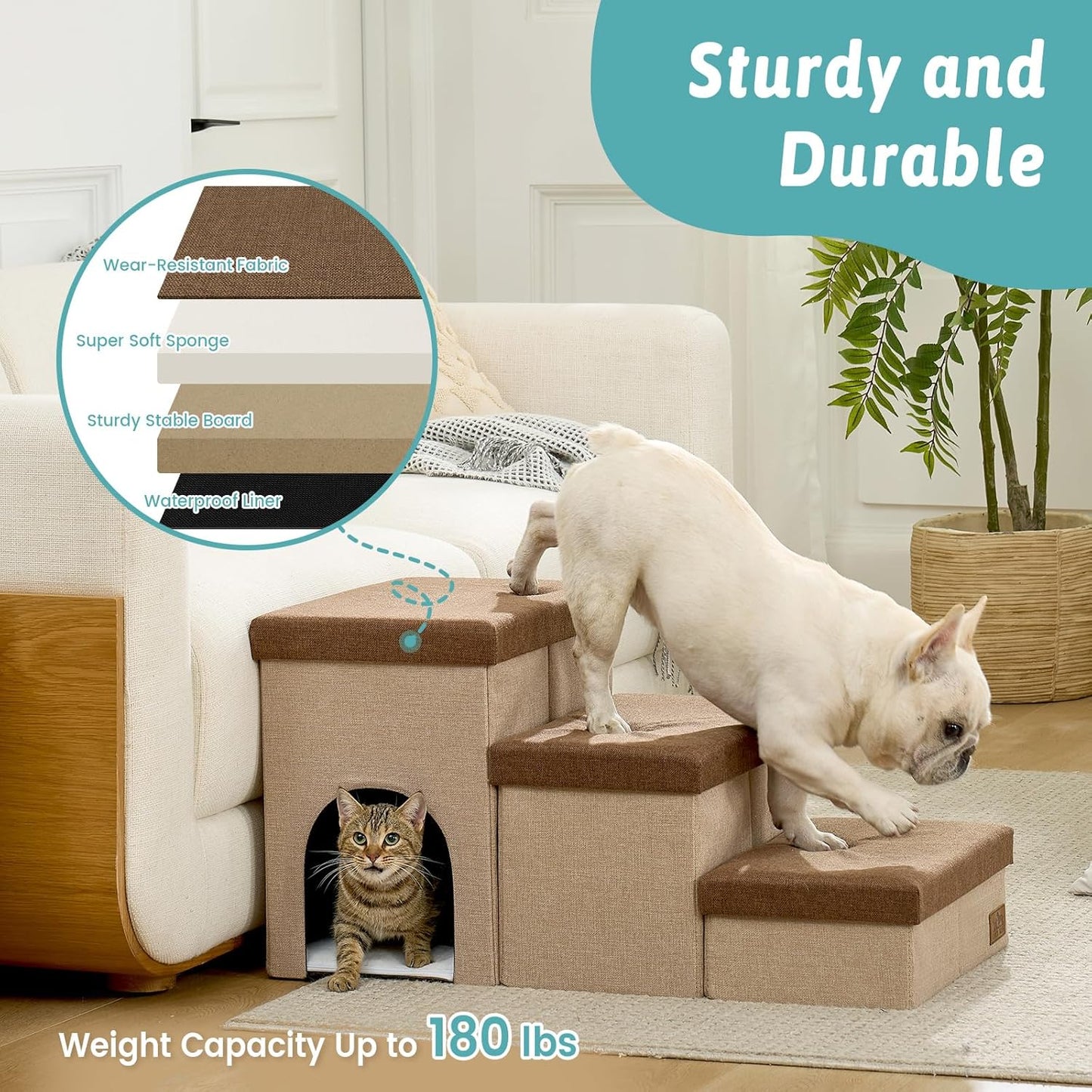 Dog Stairs with Storage, 4-Step Wider Sturdy Dog Steps for Small/Medium/Large Dogs and Older Cats, Folding Doggie Ramp for Bed/Couch/Car Hold Up to 180 lbs (22" H, Brown)