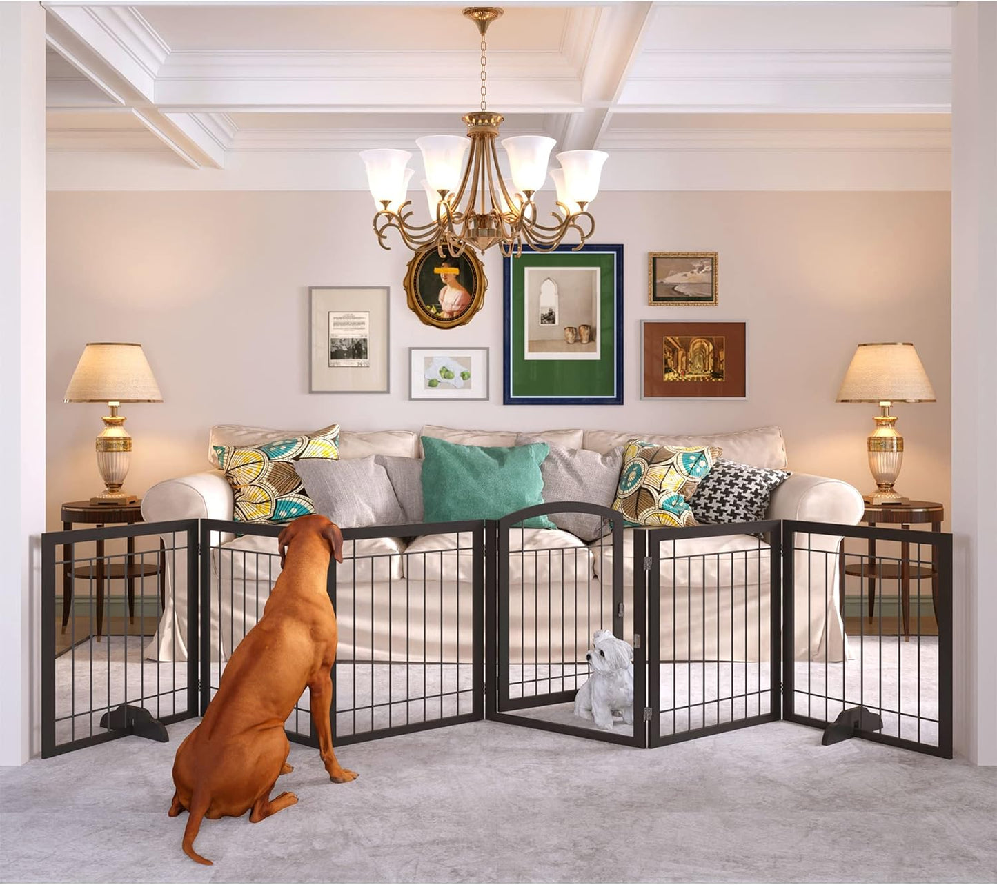 JSB 72-inch Extra Wide 28-inch Tall Dog gate, Freestanding Pet Gate for Halls, Stairs & Home, Pet Puppy Safety Dog Fence with 2PCS Support Feet (Black)