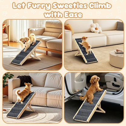 Pawaboo Foldable Dog Ramp, Small Dog Ramp for Couch, 4 Adjustable Height from 13'' to 21", Stable Pet Steps with Non-Slip Pad, Portable Pet Ramps Use for Couch Sofa Stairs, Wood