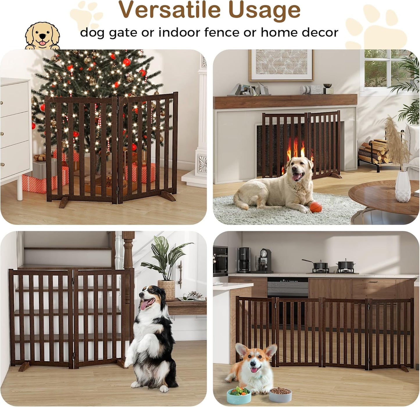 36" Height Extra Tall Freestanding Pet Gate, Solid Wood Folding Safety Fence Wooden Dog Gate with 2 PCs Support Feet Ideal for Stairs, Doorways, Halls, Kitchens, Heavy Duty Gates, 3 Panels, Oak