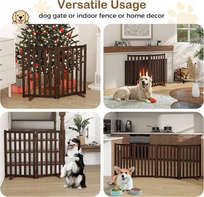 36" Height Extra Tall Freestanding Pet Gate, Solid Wood Folding Safety Fence Wooden Dog Gate with 2 PCs Support Feet Ideal for Stairs, Doorways, Halls, Kitchens, Heavy Duty Gates, 3 Panels, Oak