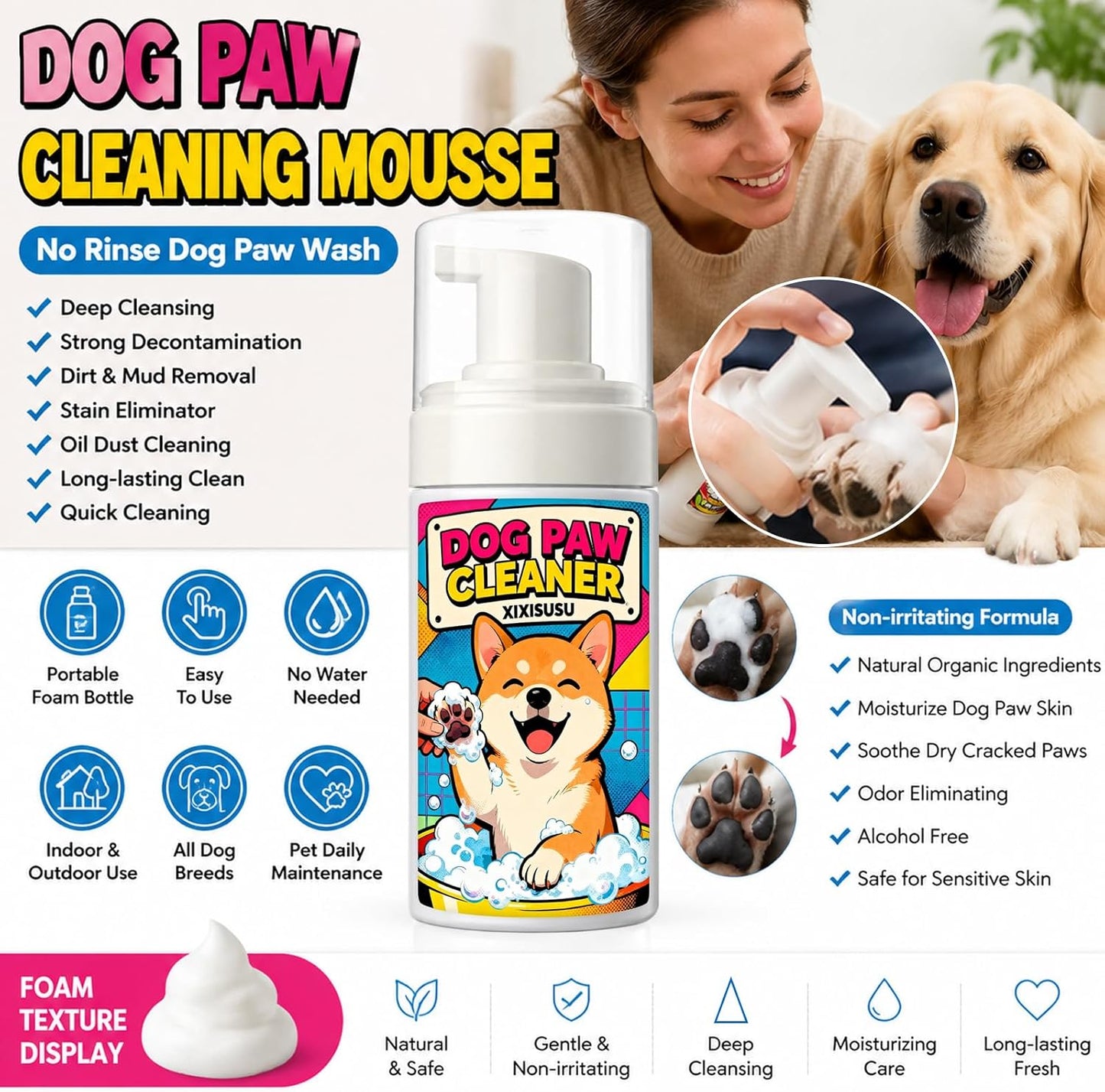 Dog Paw Cleaner with Scrubber Brush - 5 fl oz Waterless Cleaning Foam for Dirty & Muddy Paws, No-Rinse Formula for Dogs & Cats, Quick-Dry Alternative to Wipes for Puppies & Kittens