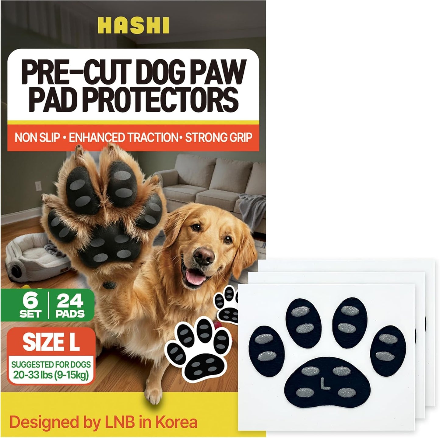 HASHI 24 Pcs Size XXL Pre-Cut Dog Paw Grips, Anti-Slip Traction Pads for Hardwood & Tile Floors, 6 Sets Self-Adhesive Pet Paw Protectors for Senior Dogs, Water-Resistant & Breathable