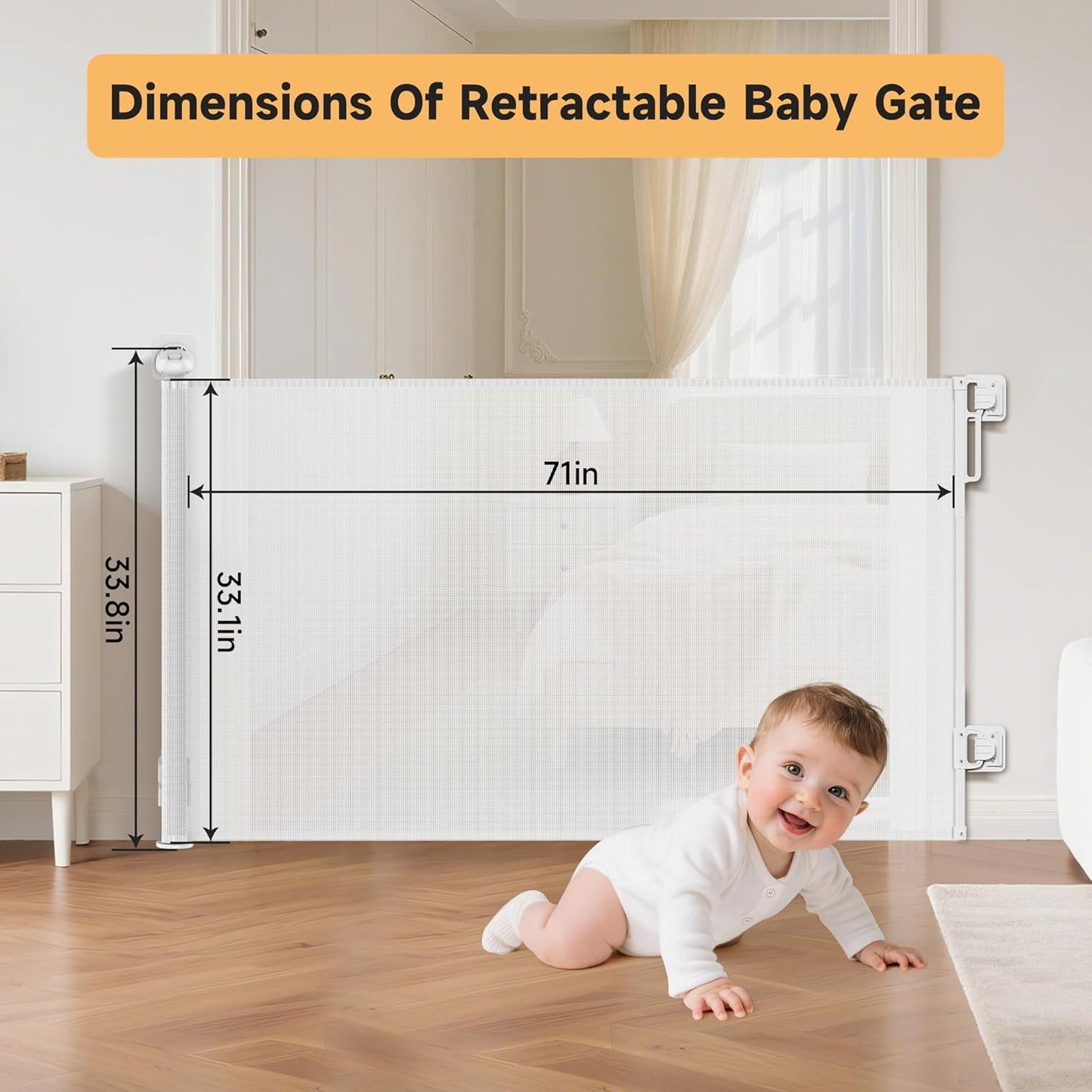 Retractable Baby Gate,71" Wide x 34" Tall Mesh Safety Gate for Dogs & Babies, Indoor/Outdoor Use for Stairs, Doorways, Hallways, Easy Installation Mesh Gate