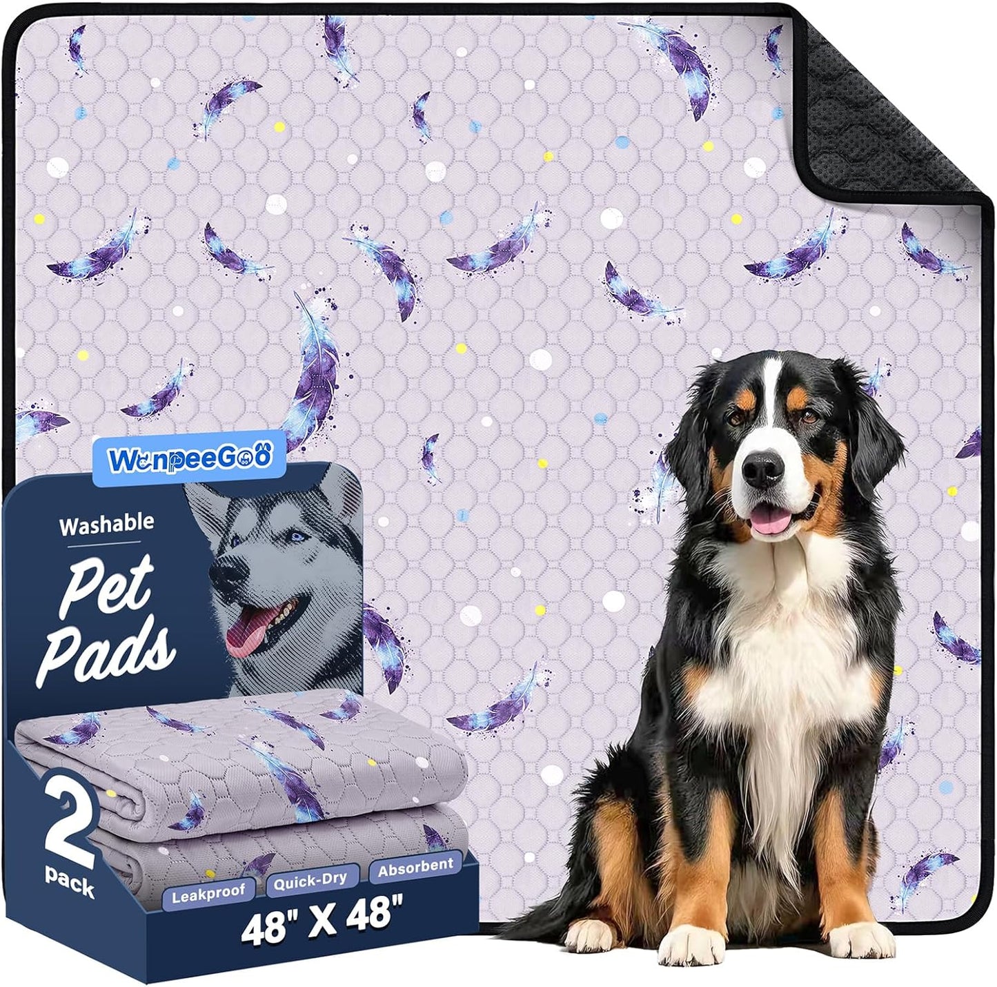 WanpeeGoo Washable Pee Pads for Dogs, 2Pack Reusable Puppy Pads, Super Absorbent & Leakproof Dog Pads, Anti-Slip Dog Pee Pads for Puppy Training & Incontinence, Feather Pattern 36"x41"