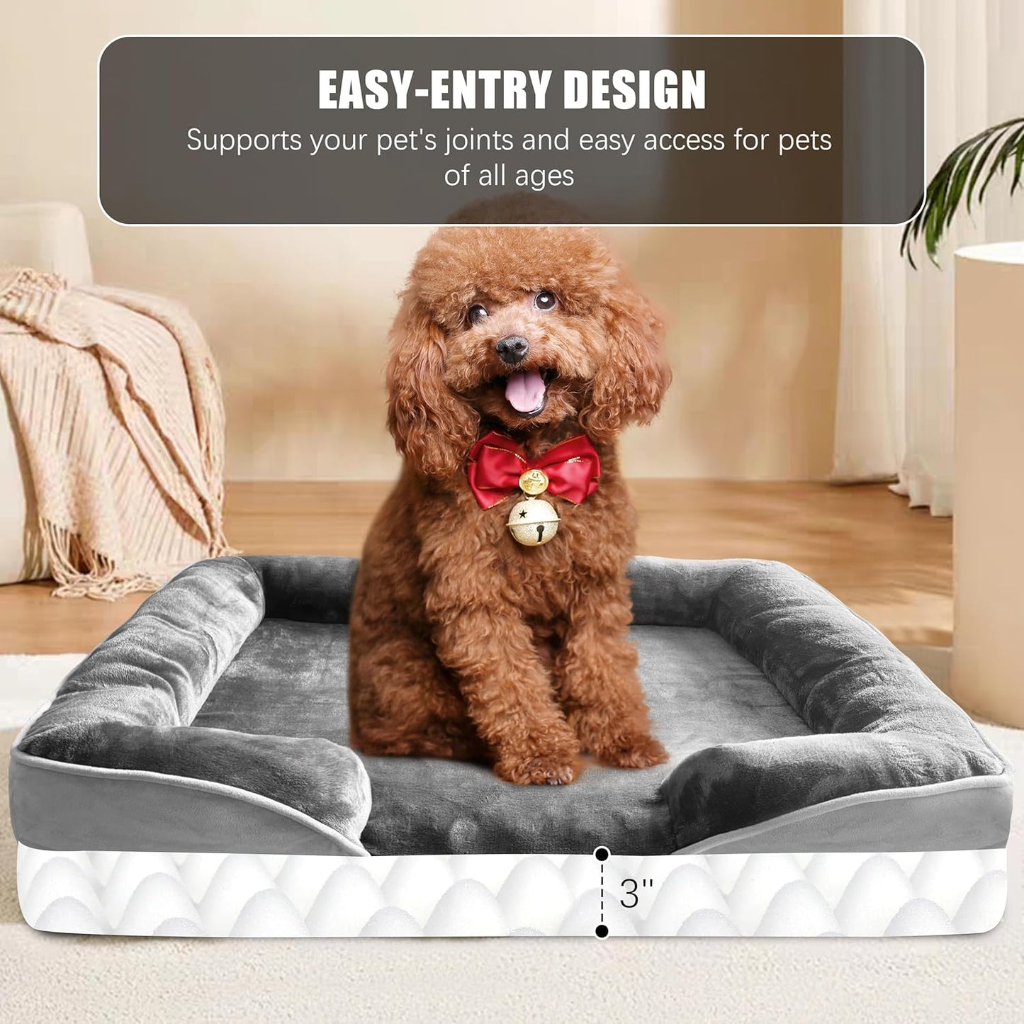Spotted Play Orthopedic Dog Bed with Sides - Dog Sofa Beds for Medium Dogs, Supportive Foam Pet Couch Bed with Washable Removable Cover, Waterproof Lining and Non-Slip Bottom, Grey - M
