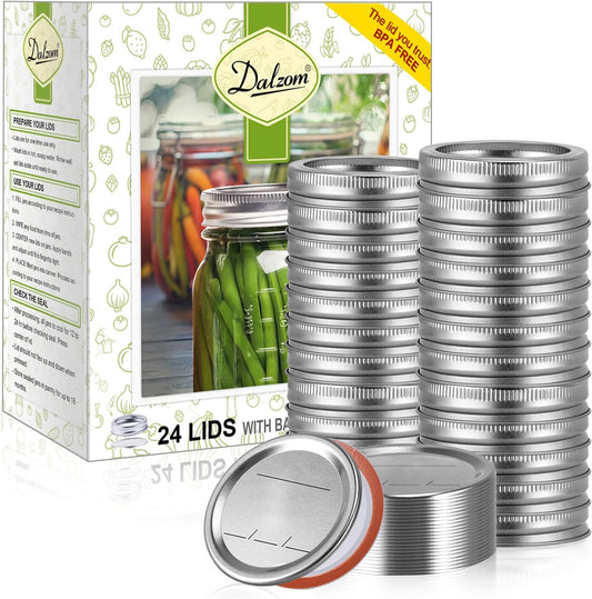 Dalzom® 24Pcs Canning Lids with 24Pcs Rings Regular Mouth, Premium Mason Jar Lids with Bands/Rings for Ball, Kerr Jars - Food Grade Material, 100% Fit & Airtight for Regular Mouth Mason Jars