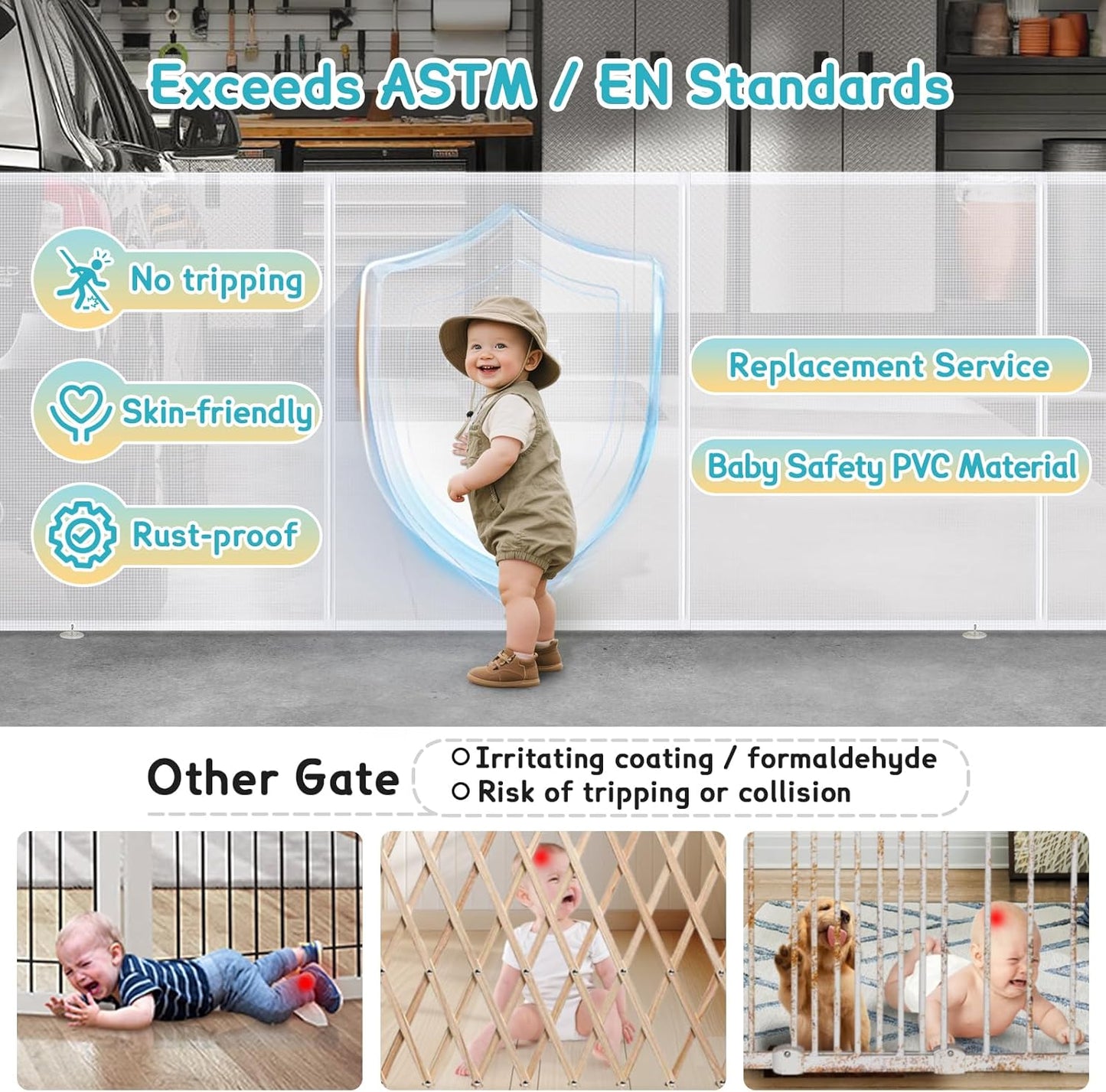 160 Inch Retractable Baby Gates Extra Wide, 42 Inch Extra Tall Retractable Gate, 13 FT Reinforced Retractable Dog Gate with Reinforcement Rod to Prevent Crawling Through, for Doorways, Stairs, Hallway