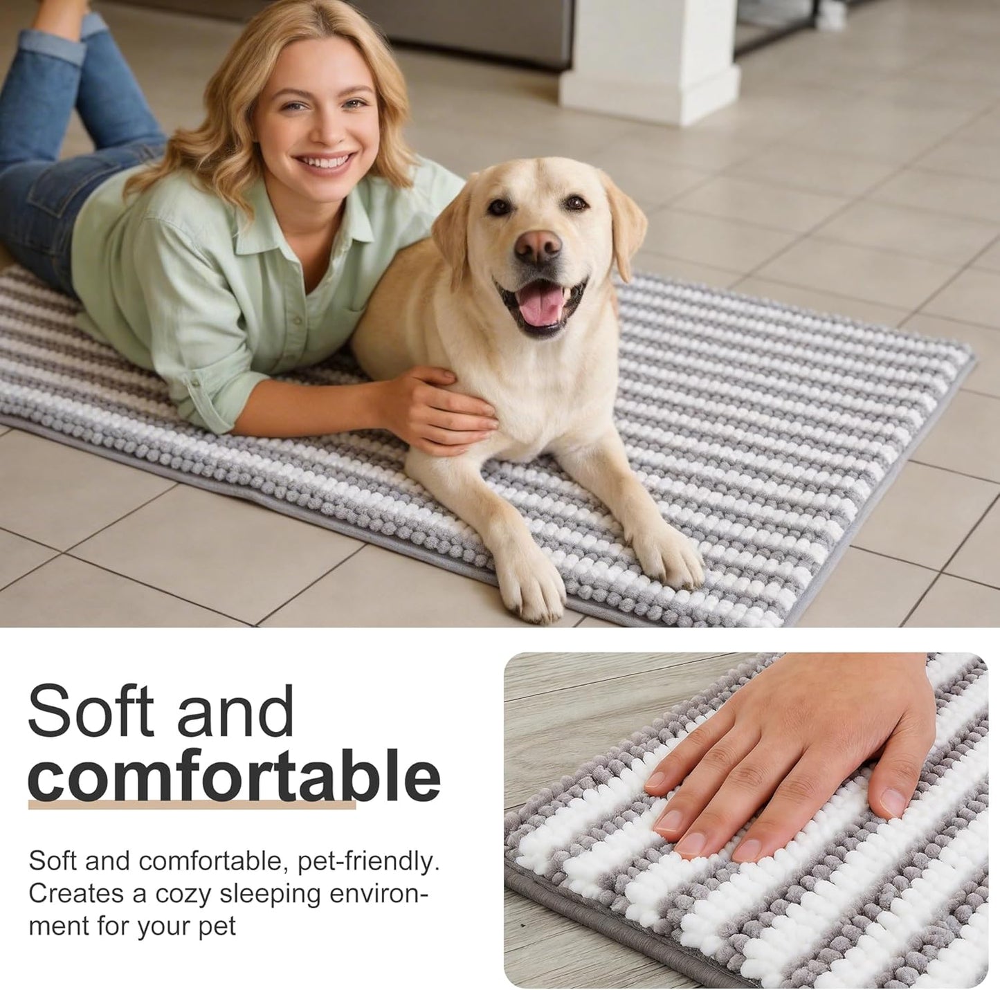pobopobo Dog Door Mat for Muddy Paws - Absorbent & Washable Chenille Rug, Non-Slip Dirt Trapper for Indoor Outdoor Entryway, Quick Dry Pet Mat for Muddy Dogs (Striped Gray-Blue&White, 24" x 16")