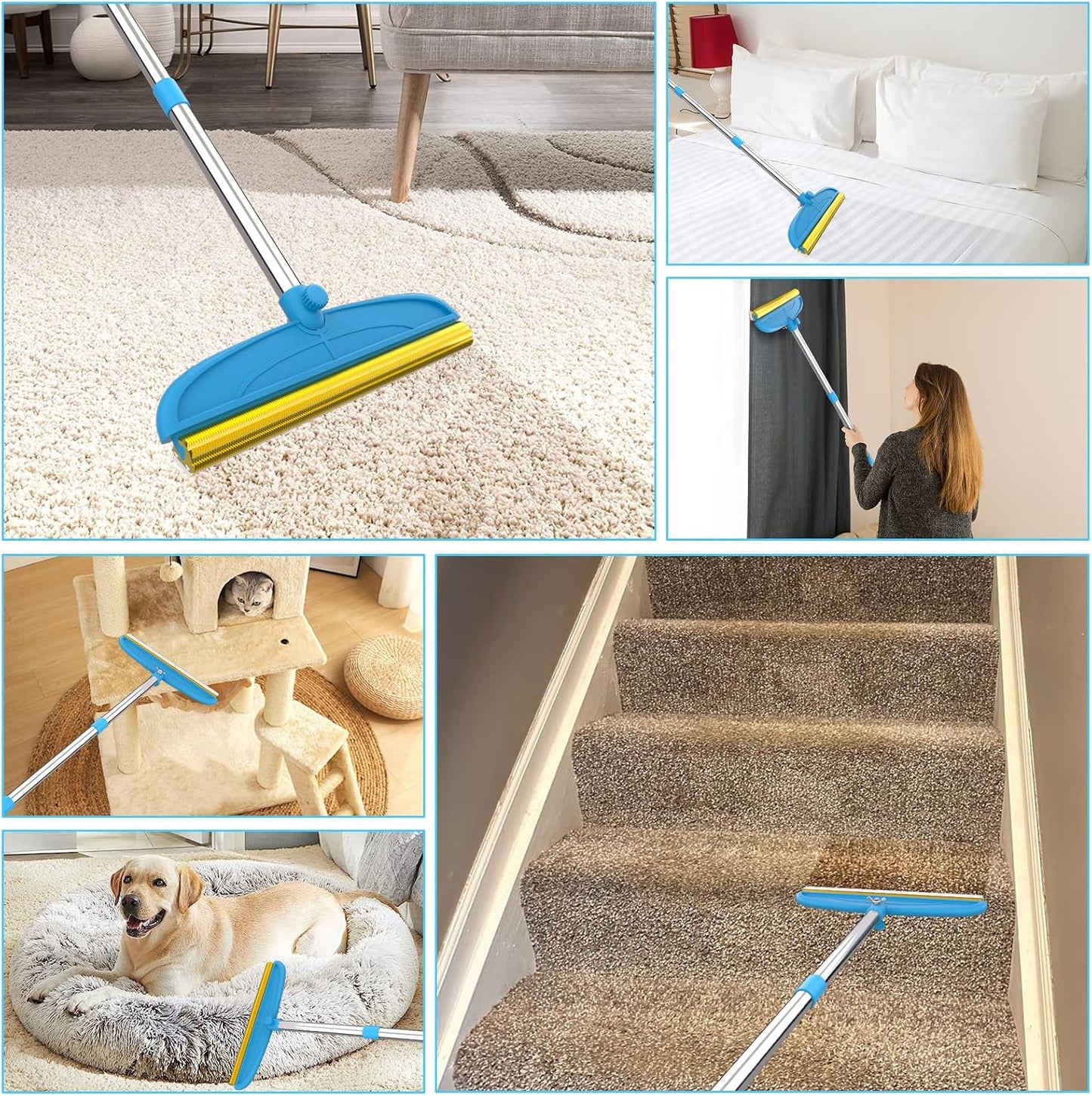 Carpet Rake for Dog Hair Remover: 2 in 1 Reusable Pet Hair Remover – 60‘’ Adjustable Long Handle Carpet Removal Tool for Dog Cat Human Hair – Carpet Scrape Cleaning for Rug Couch Bed