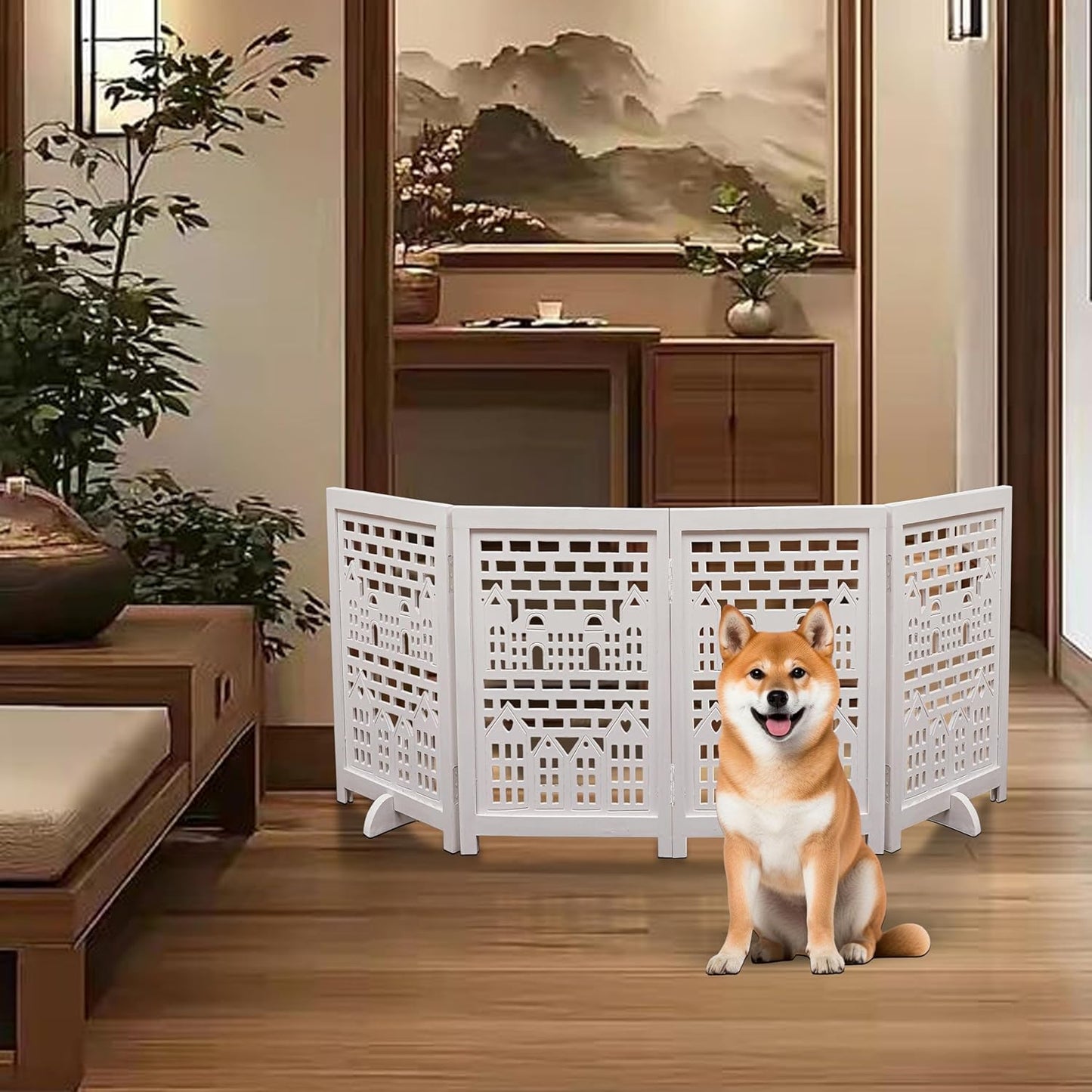 Freestanding Pet Gate for Dogs, Foldable Wooden Dog Gate for House, Indoor Dog Gate for Stair, Doorway, House Design Gates for Dogs Indoor, 72 Inch Wide, (18" x4 Panels 72 inch), Burnt Finish