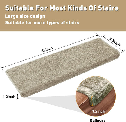 PURE ERA Bullnose Carpet Stair Treads Set Tape Free Non-Slip Indoor Stair Protectors Pet Friendly Rugs Covers Soft Skid Resistant Washable Reusable 9.5" x 30"(14 Pieces,Cream Gray)