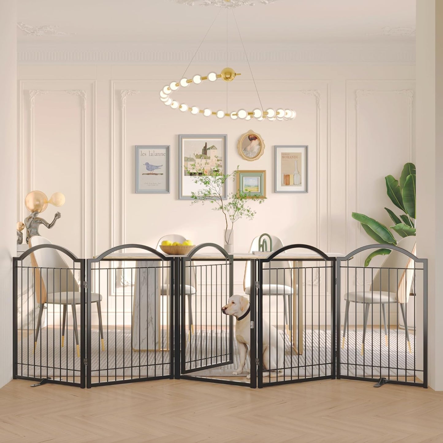 BHG Metal No-Assembly Freestanding Dog Gate with Door Walk Through, Extra Wide 144", Extra Tall 32" Pet Gate, Accordion Puppy Folding Playpen Dog Fence, with 2PCS Support (Black, 6 panesl)