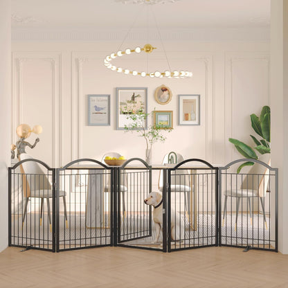 BHG Metal No-Assembly Freestanding Dog Gate with Door Walk Through, Extra Wide 144", Extra Tall 32" Pet Gate, Accordion Puppy Folding Playpen Dog Fence, with 2PCS Support (Black, 6 panesl)