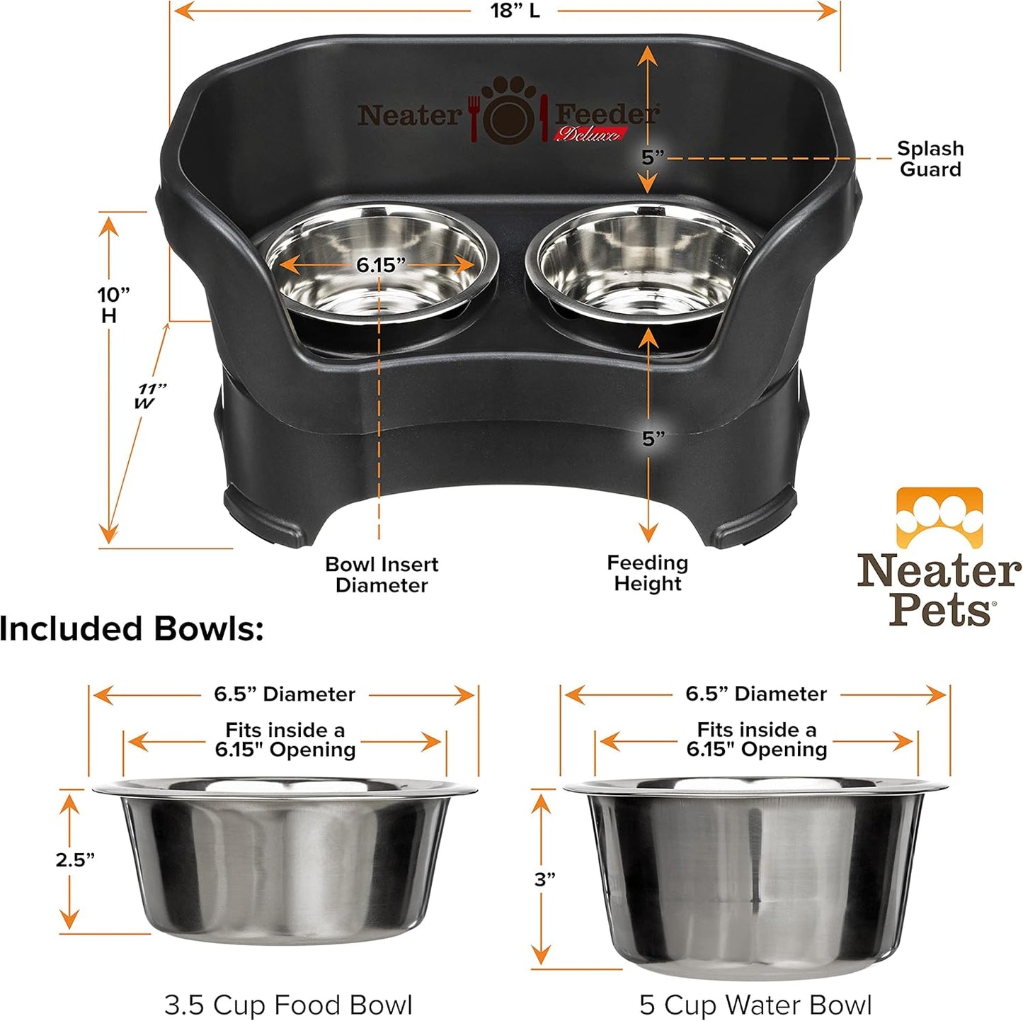 Neater Pet Brands Neater Feeder Deluxe Mess Proof Dog Bowls Elevated for Large Dogs Over 40 lbs, Made in USA, No Spill Raised Dog Food Bowl Stand Feeding Station, Food and Water Bowl Set, Black