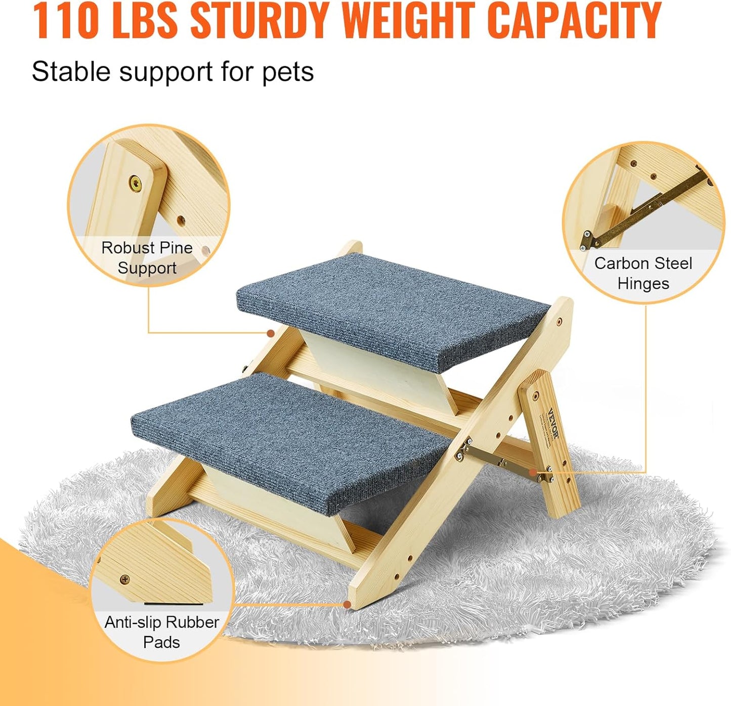 VEVOR Wood Pet Stairs, 2-Step Dog Stairs for Beds, Sofa & Cars, 110lbs Load Capacity, Floded Flat Design, Stable & Sturdy Cat & Dog Step Ladder for Small Medium Large Older Pet Puppy Essentials