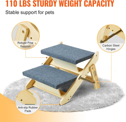 VEVOR Wood Pet Stairs, 2-Step Dog Stairs for Beds, Sofa & Cars, 110lbs Load Capacity, Floded Flat Design, Stable & Sturdy Cat & Dog Step Ladder for Small Medium Large Older Pet Puppy Essentials