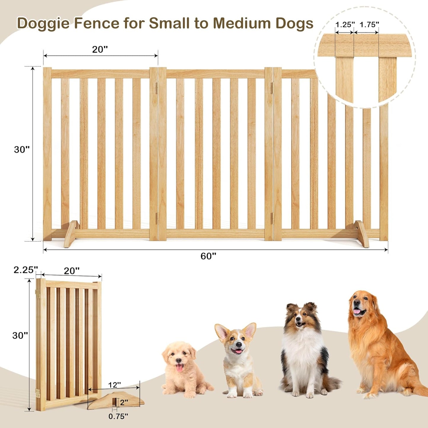 36" Height Extra Tall Freestanding Pet Gate, Solid Wood Folding Safety Fence Wooden Dog Gate with 2 PCs Support Feet Ideal for Stairs, Doorways, Halls, Kitchens, Heavy Duty Gates, 3 Panels, Oak