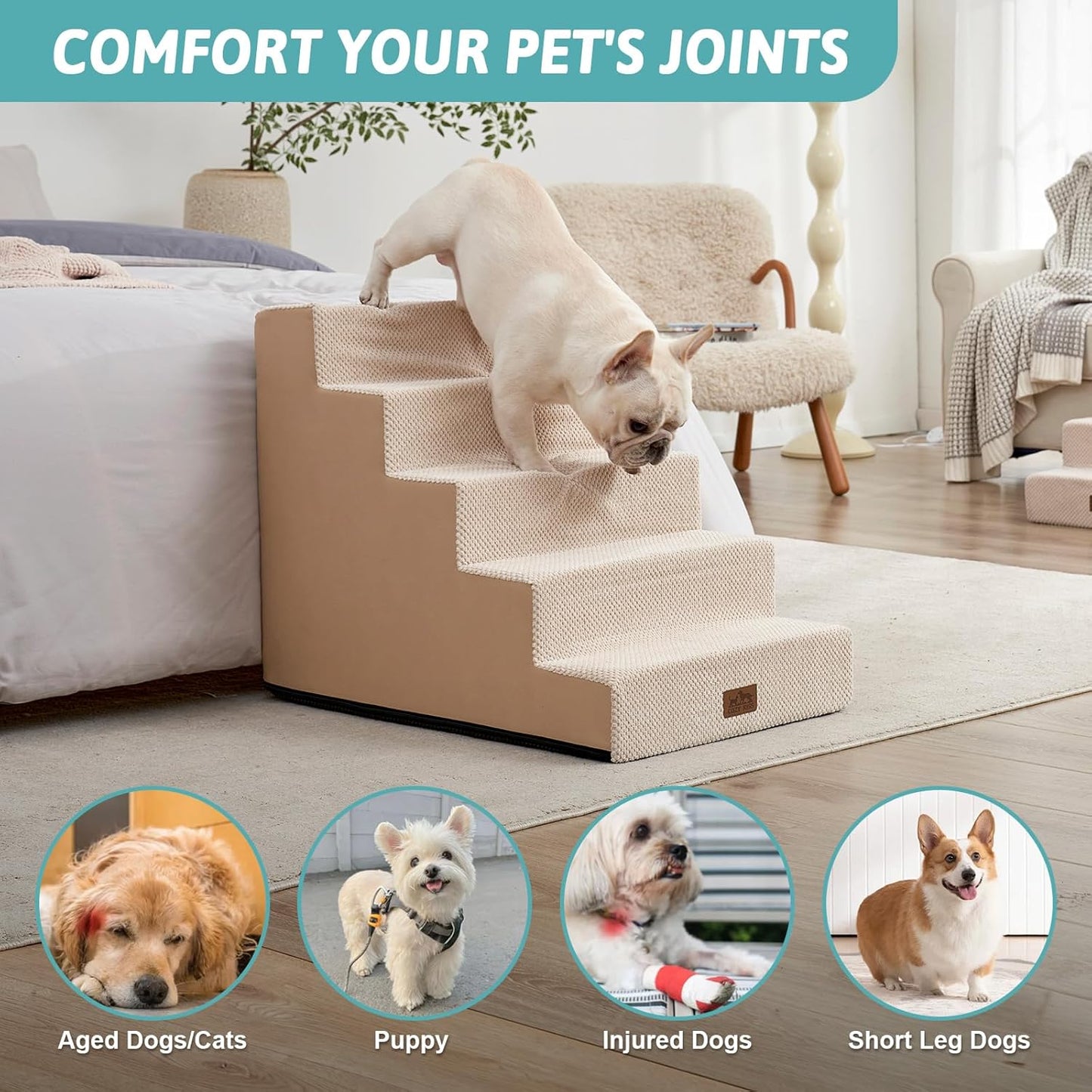 COZY KISS Dog Stairs for Small Dogs, 4 Tier Wider Pet Stairs for Couch and Beds, 17.7" H Non-Slip Dog Steps for Old Cats, Puppy, Small Medium Dogs, 17.7x23.6x17.7 inch, Beige