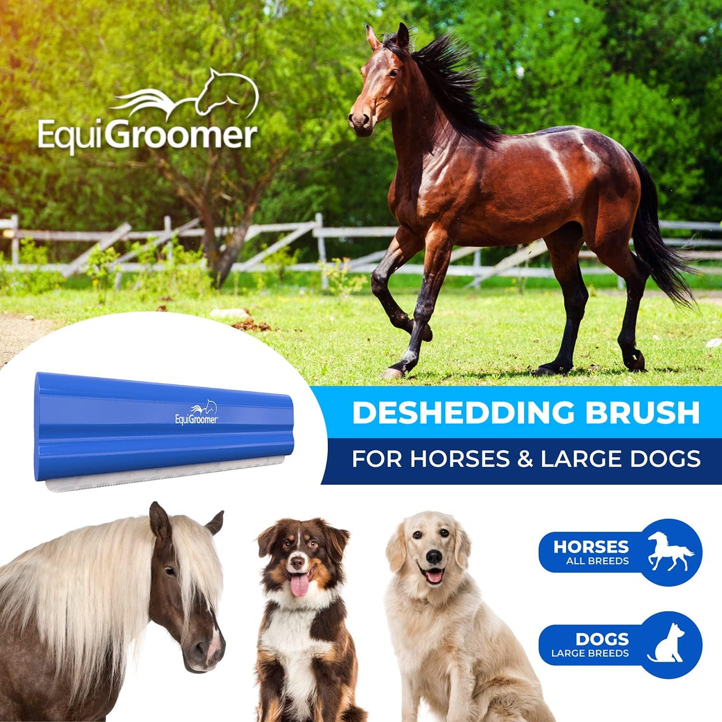 EquiGroomer 8-Inch Deshedding Brush for Horses and Large Shedding Dogs 50 lbs and Up (Golden Retriever, German Shepherd, Husky), Undercoat Grooming Tool, Removes Loose Hair and Fur, Blue