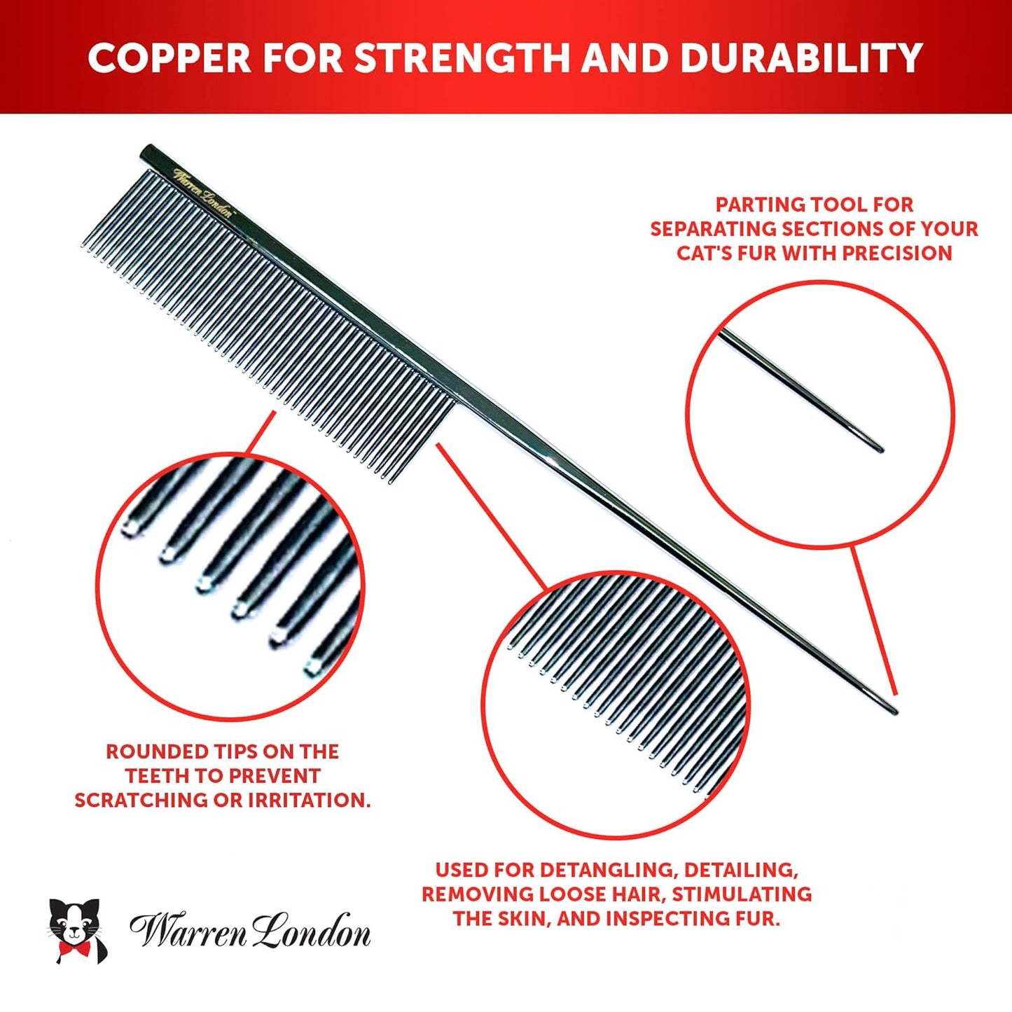 Warren London Cool Cat Greyhound Style Comb – 7.5" Professional Copper Cat Grooming Comb with Fine & Coarse Teeth, Rounded Pins for Detangling/Sensitive Skin, Deshedding & Dematting